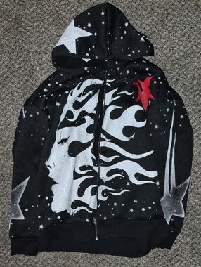 Black Graphic Zip Hoodie with White Face & Red Star Detail